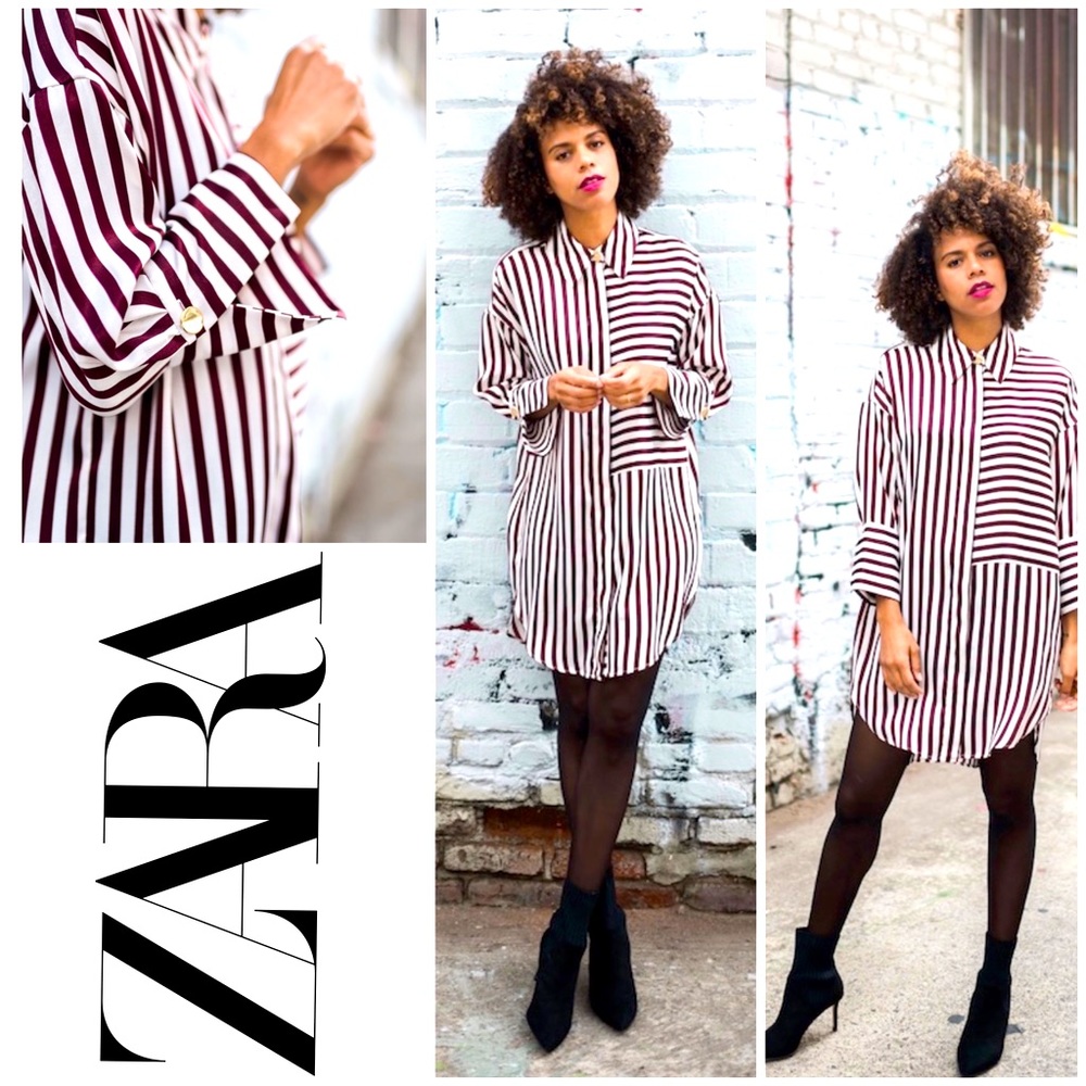 ZARA - Burgundy and White Stripe Shirt Dress. Size S